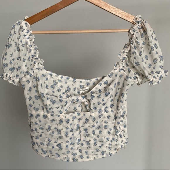 For Love And Lemons Chateau Puff Sleeve Floral Top Cream Blue Size Small - Picture 3 of 4